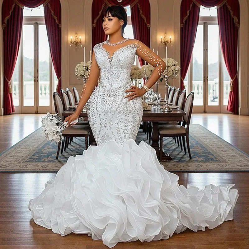 

Свадебное платье русалки по индивидуальному заказу для невесты, свадебные платья, прозрачная иллюзия, длинные рукава, кристаллы, стразы, жемчуг из бисера, свадьба