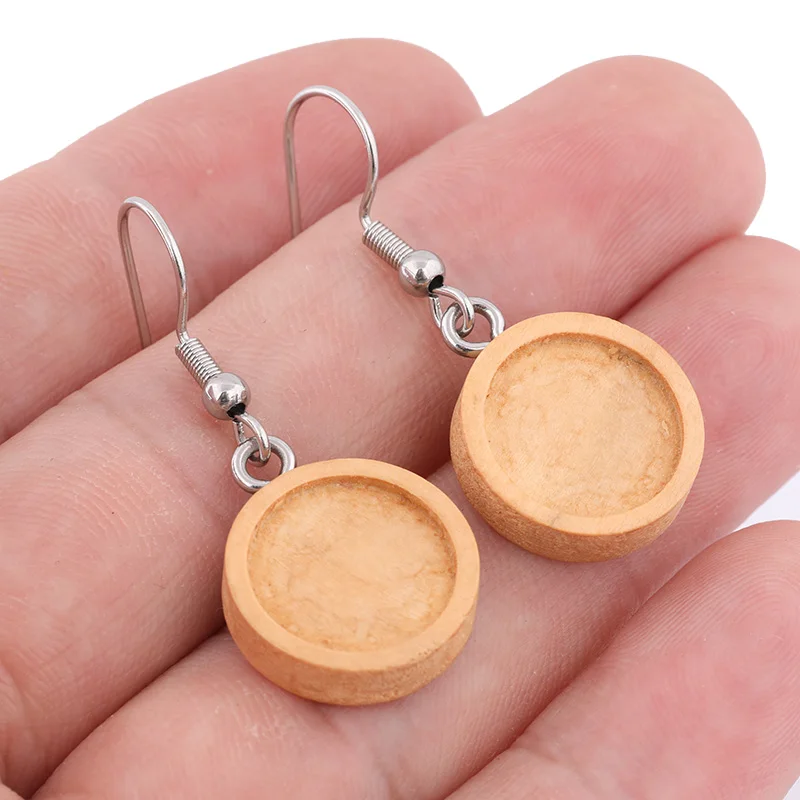 

20pcs Wood Cabochon Earring Base Setting Blanks 12mm Dia Bezel Settings Diy Stainless Steel Ear Hooks Findings