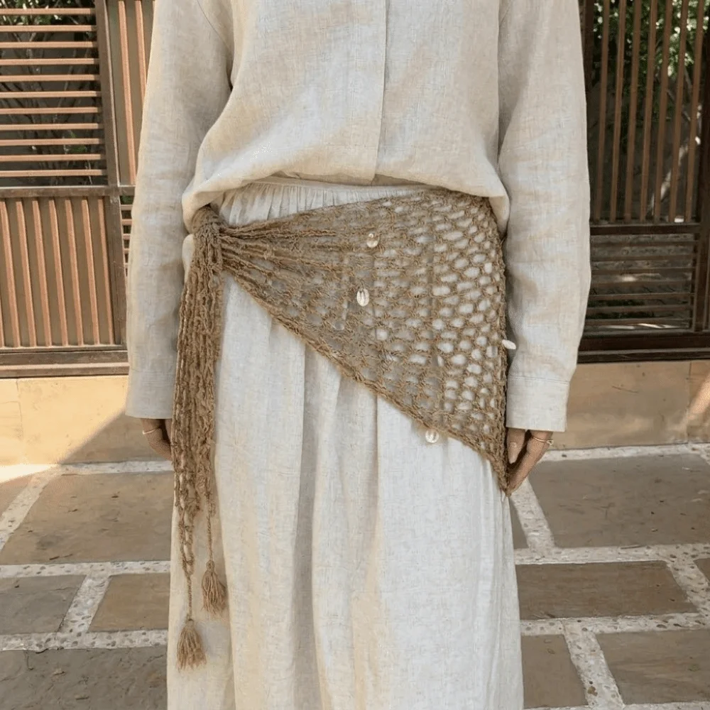 Boho Solid Color Triangle Hip Scarf Shell Mesh Crochet Short Skirt Wrap Detachable Sophisticated Waist Belt Daily