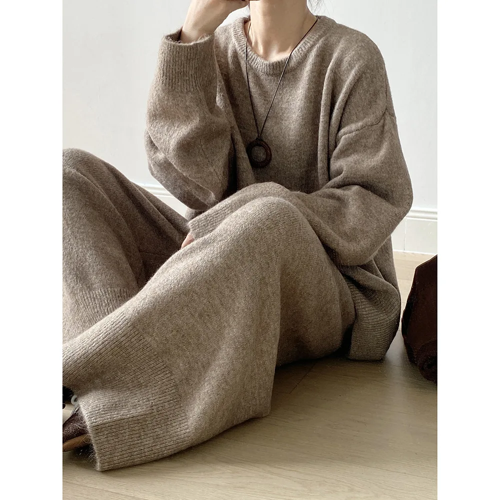 Suéter suelto suave para mujer Otoño Invierno Casual pantalones largos de punto conjunto de dos piezas