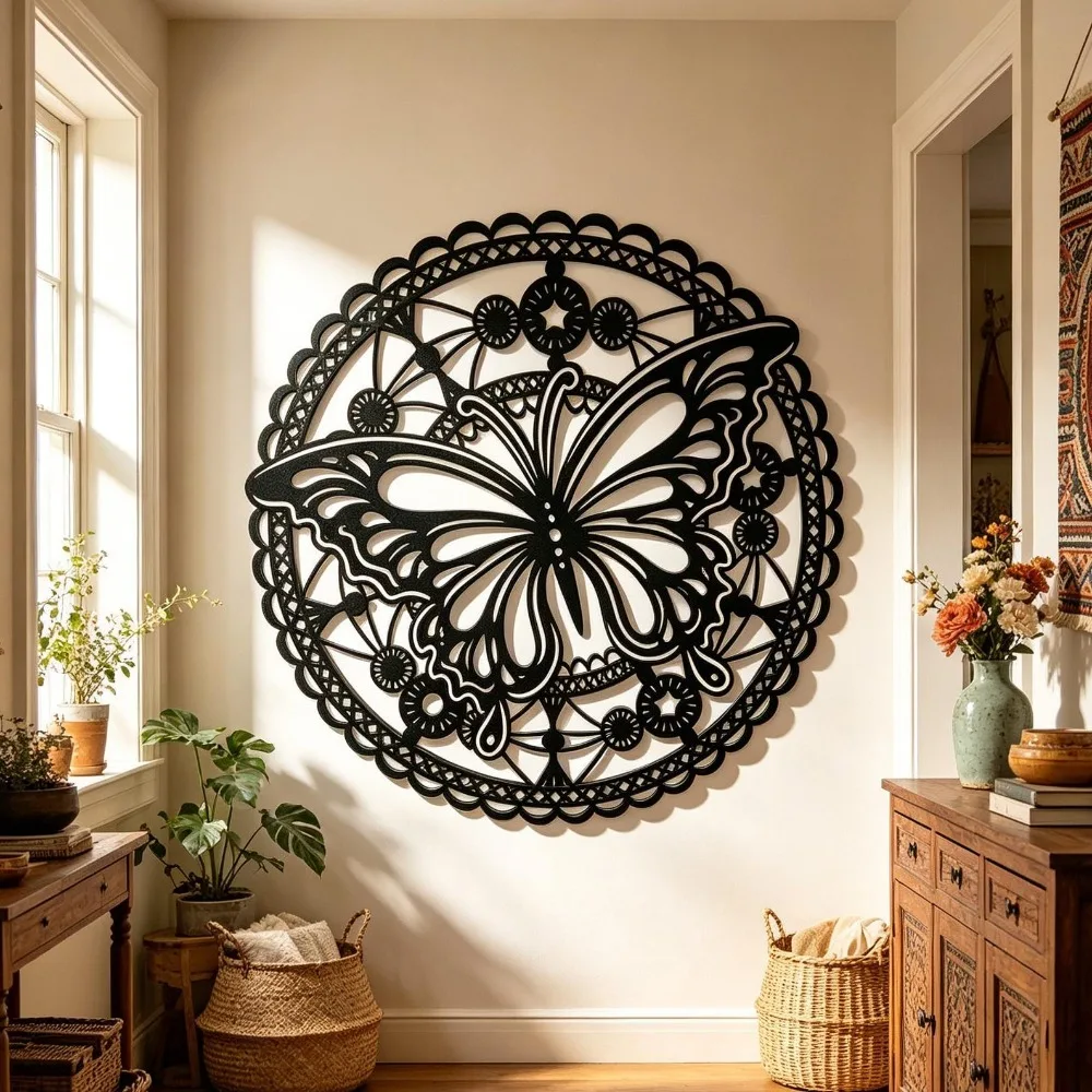 Flat Metal Butterfly Mandala Wall Art, Laser‑Cut Iron Silhouette, Powder‑Coated Rust‑Resistant Whimsical Harmony Wall Decor