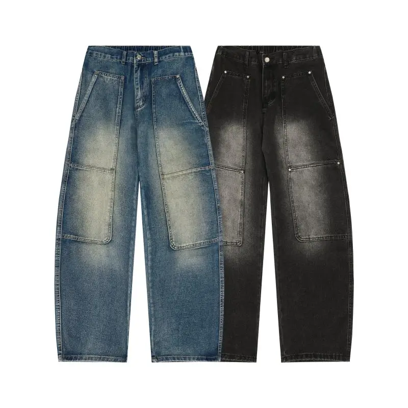 

Men's Jeans Spring And Autumn Fashion Straight Tube Loose Washed Casual American Retro Original Color Wide Rivet Logging Pants