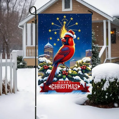 Indiana Christmas Gold Torch and Cardinal Bird Flag Garden Flag VVL YYX EEZ