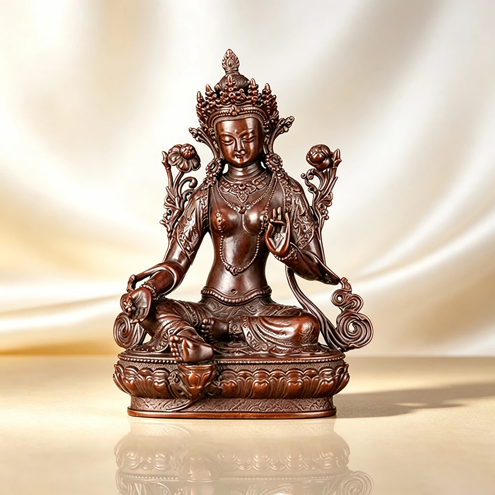 Reine Kupfer-Grüne-Tara-Buddha-Statue, handgefertigte nepalesische Kupferskulptur, Haushalts-Gebetsfigur, Altar-Dekoration für den Haushalt.