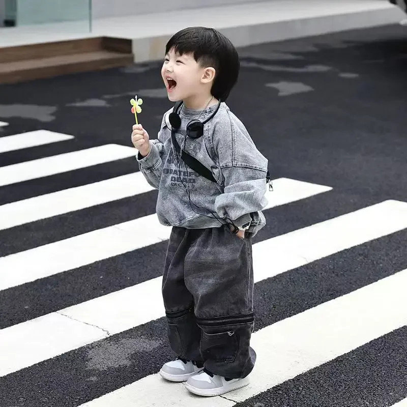 

Boys Spring Autumn Sweatshirt Jeans Two-piece Sets Korean Denim Streetwear Personalized Washable Old Round Neck Cowboy Pant Set