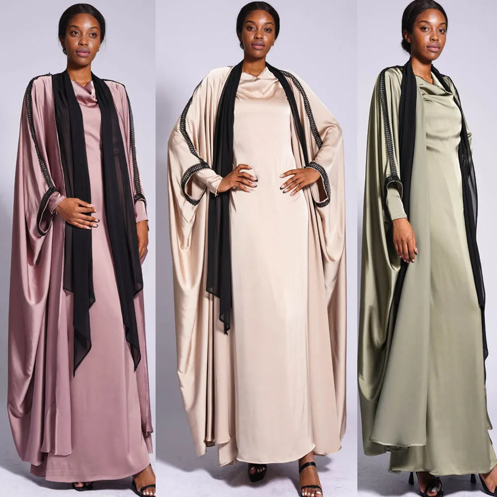 

2 Pieces Set Muslim Women Satin Open Abaya Kimono Cardigan Maxi Dress Islam Outfits Dubai Kaftan Turkey Robe Caftan Eid Djellaba