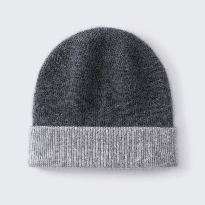 KOIJINSKY 100% Pure Cashmere Beanie Hat Women Two Tone Ribbed Fold Cuff Beige Brown Warm Winter Knit Cap