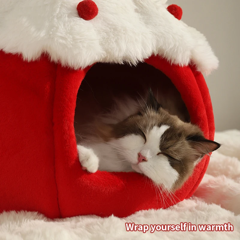 HOOPET Cat House Cat Litter Winter Warm Super Large Cat Bed Winter Pet Cat House Enclosed Security Strawberry Pet Litter