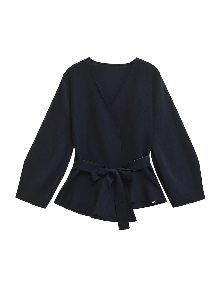 

2024 Autumn and Winter New Arrivals Women's V-neck Loose with Belt Shoulder Pads Knitted Long Sleeve Suit Jacket