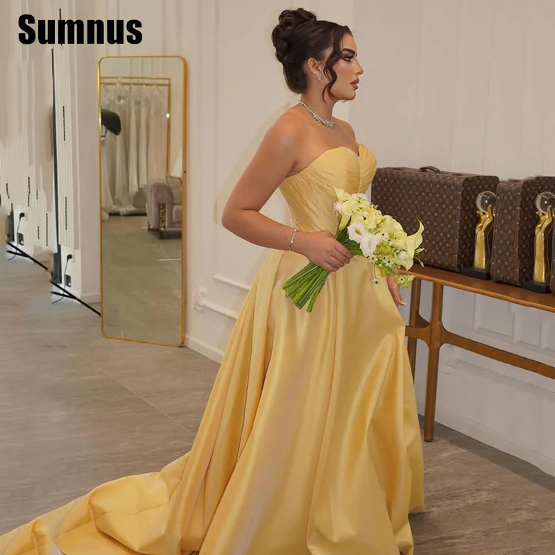 

Sumnus Simple A-Line Evening Dresses Yellow Sweetheart Floor Length Formal Occasion Gowns فساتين سهرة Customized