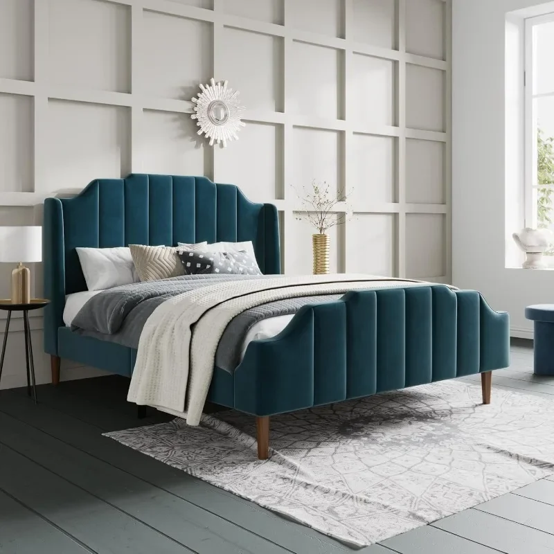 Gestoffeerd Queen Size Bedframe Met Modern Gebogen Fluwelen Vleugelrughoofdeinde/Heavy Duty Houten Plateaubed