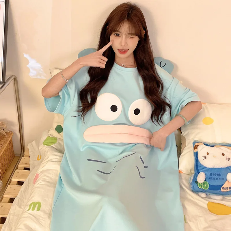 

Sanrio Anime Hangyodon Large Size Women Nightdress Kawaii Hello Kitty Girl Cotton Pajamas Summer Short Sleeve Cotton Loose Dress