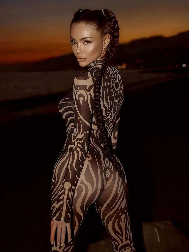 Cutenew 멋진 프린트 여성 점프 슈트 미적 매력적인 Y2K 터틀넥 풀 슬리브 오버올 여성 Vintage Nighout 원피스