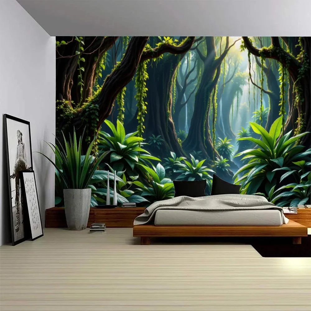 Aesthetic Jungle Tapestry Wall Hanging Polyester Fiber Forest Waterfall Decor for Living Room Bedroom Office