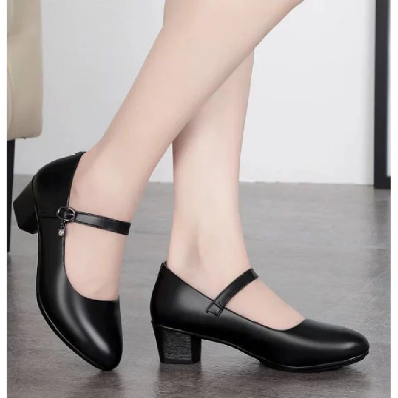 New A/W Women's Medium Heel Pumps - Soft Leather Non-Slip with Adjustable Buckle, Comfortable for Daily & Casual