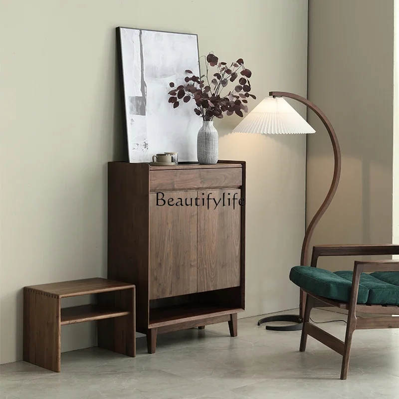 

FG10Nordic Black Walnut Solid Wood Shoe Cabinet Modern Minimalist Large Capacity Shoe Rack Storage Entrance Cabinet