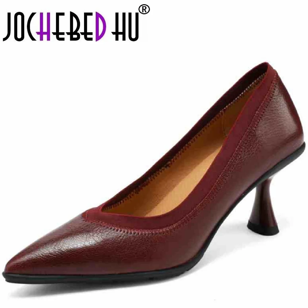 

【JOCHEBED HU】New Handmade Genuine leather high heels slip on shallow women pumps pointed toe brand office lady party solid