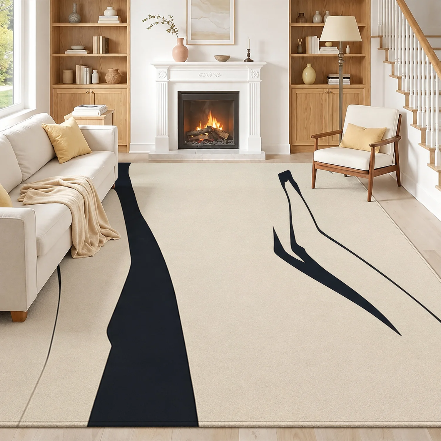 Large Indoor Area Rug, Soft Velvet, Low Pile, Non-Slip Dotted Backing, Machine Washable, Abstract Navy Line Pattern for Living Room, Bedroom, Entryway, Modern Minimalist Home Floor Decor