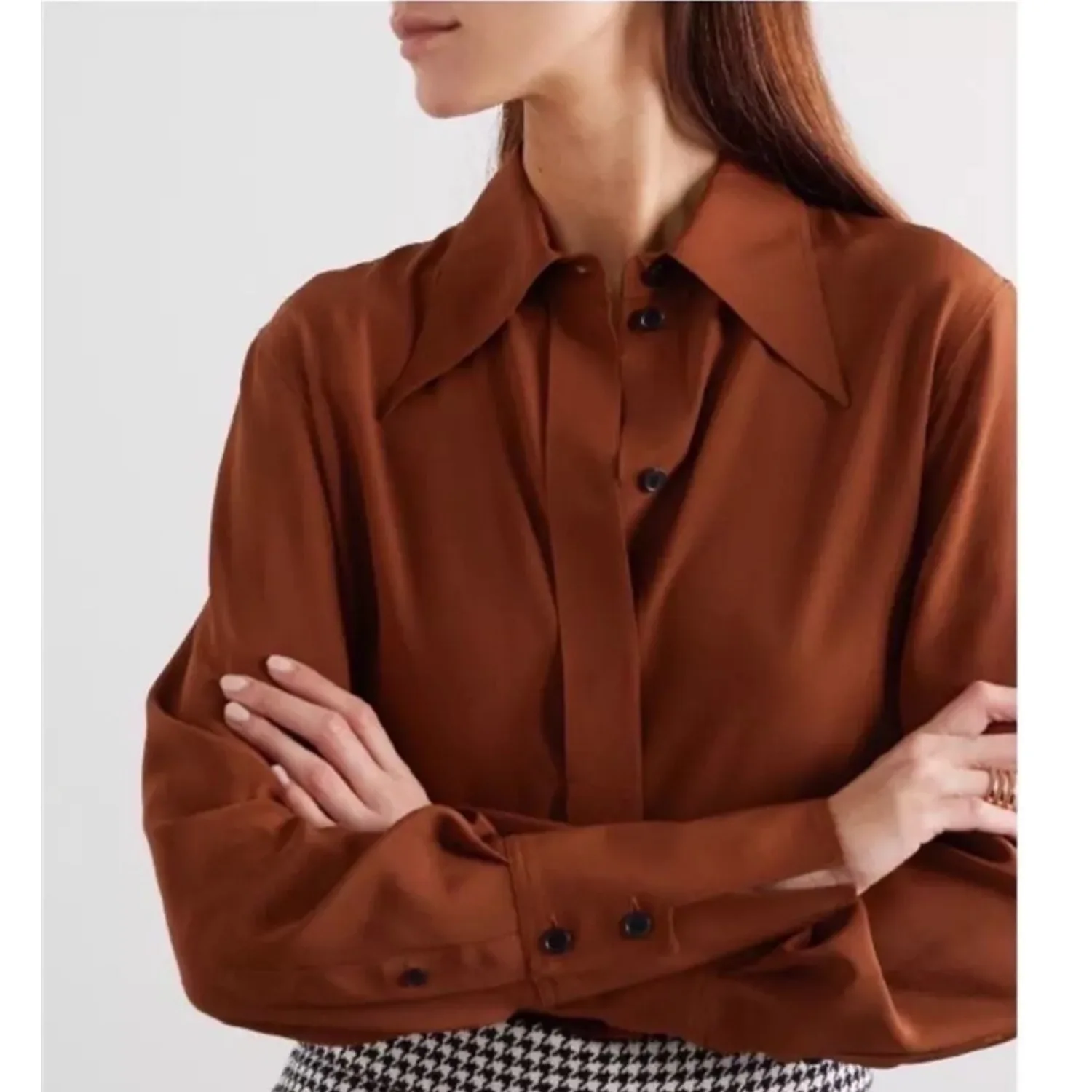 Pointed Collar Loose Fit Women's Silk Shirt Soft Skin-friendly Long-sleeved Blouse Shirts Heavy Sand Washed Mulberry Silk Shirt