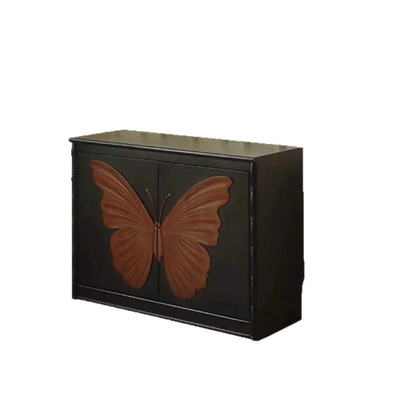 

French retro black solid wood dining side cabinet against the wall combination floor low cabinet medium antique home living room