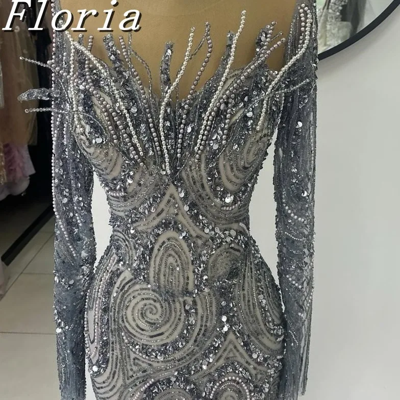 

Designer Gray Mermaid Prom Dress Special Occasion Evening Gown with Crystals Customized Middle East Style for Women