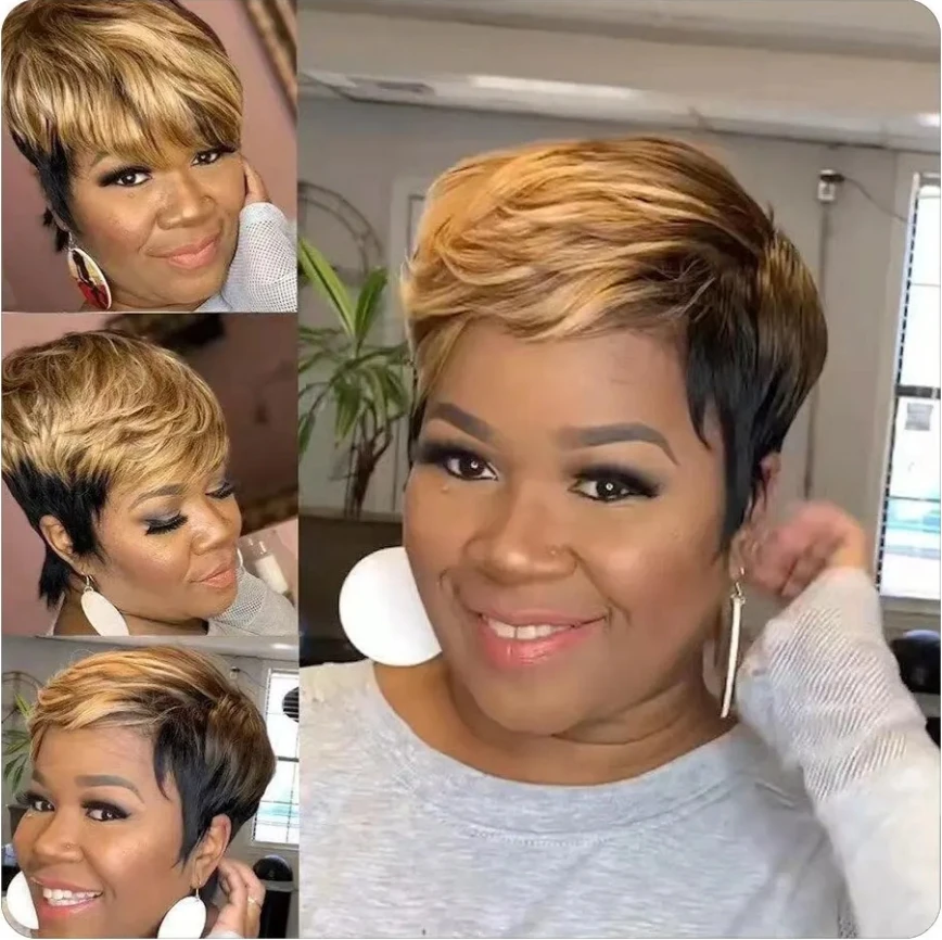 1B/27 Honey Blonde Ombre Color Short Wavy Bob Pixie Cut Full Machine Made 100% Human Hair Wigs With Bangs For Black Women