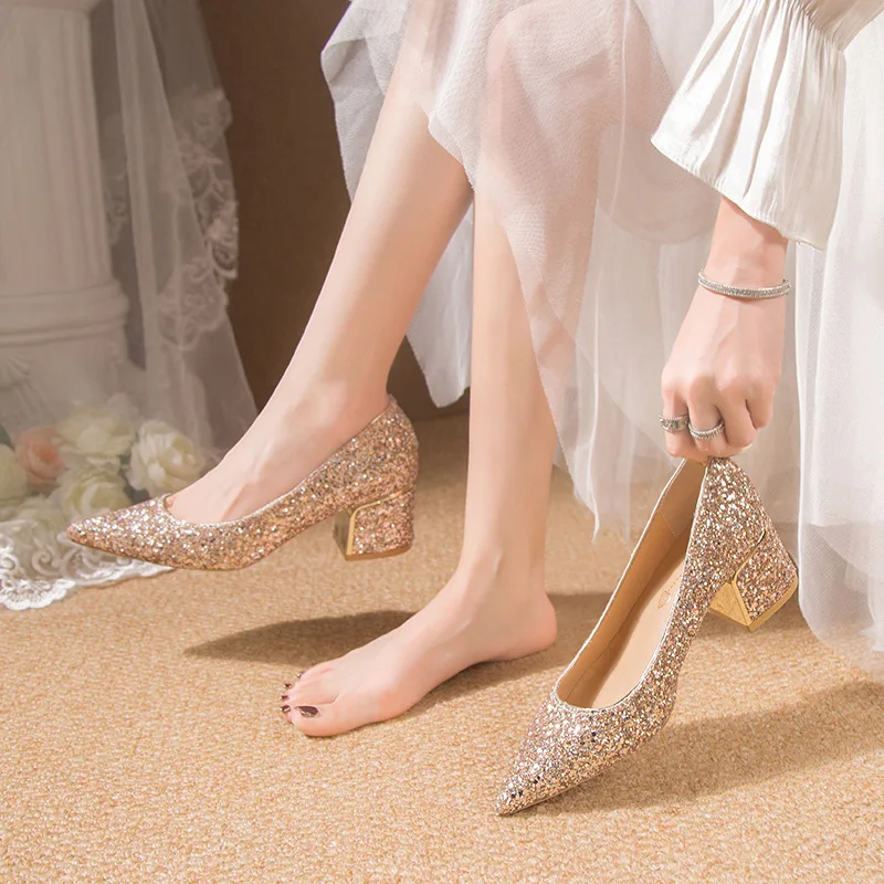 Thick Silver Glitter Heels Pumps Women Luxury Pointed Toe Party Wedding Shoes Woman Plus Size 42 Shallow High Heels Pumps Ladies