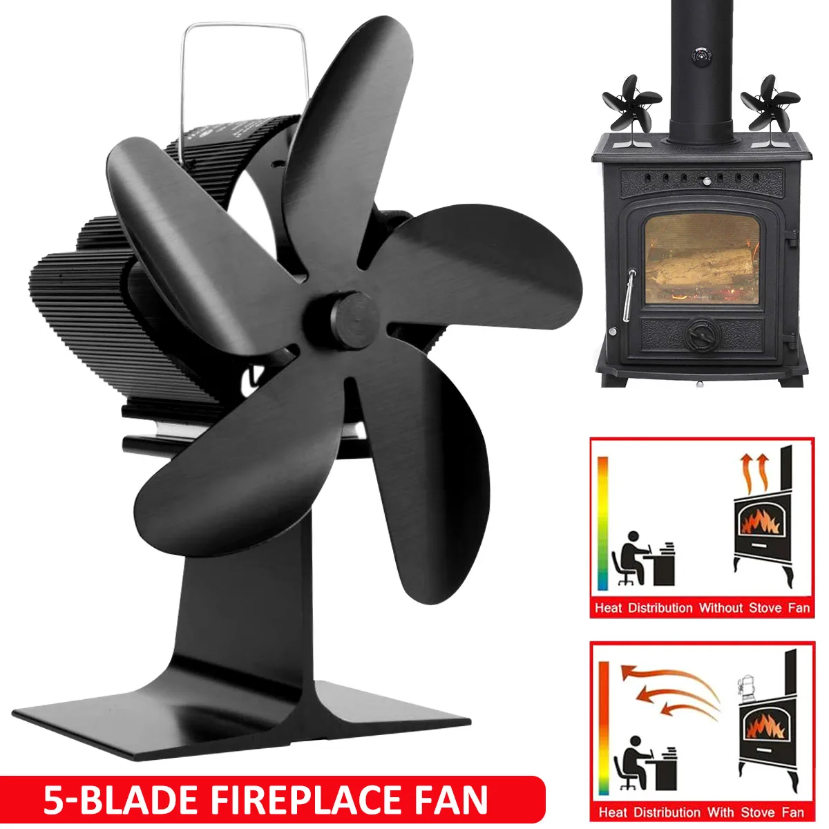 5-Blade Stove Fan Heat Powered Quiet Fireplace Fan Home Efficient Heat Circulating Warm Air Wood Burner Fireplace Fan