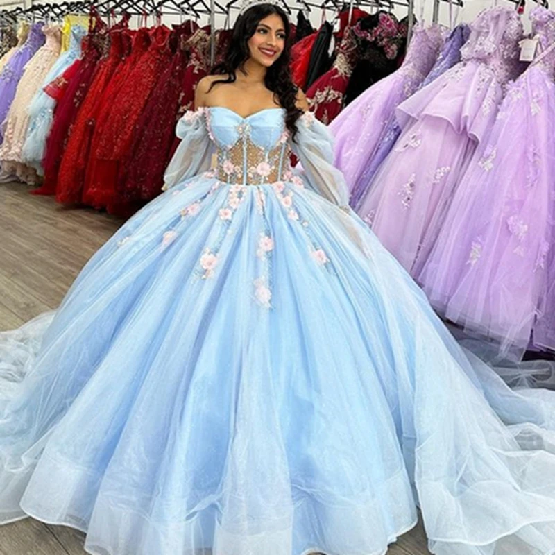 

ANGELSBRIDEP Blue Floral Quinceanera Dresses Off Shoulder Formal Birthday Party Ball Gown 3D Flowers Puffy Sleeves Corset Back