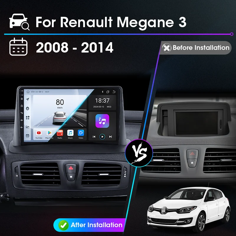 Sistemas Inteligentes para Automóviles con Android Auto para Renault Megane 3 Fluence Samsung SM3 2008-2014, Sistema Operativo Android, Carplay, Pantalla QLED, 4G+WIFI