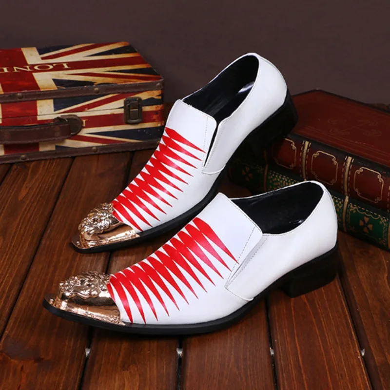 

Batzuzhi New Design Men's Shoes Golden Metal Head Leather Dress Shoes Men Slip on Business, Party and Wedding Shoes, Big EU38-46