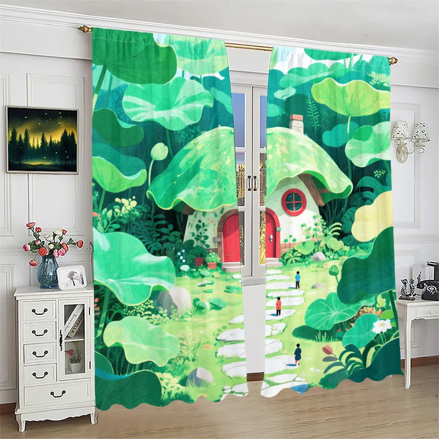 Lotus leaf pattern printed curtains, pole bag curtains, Christmas decorations, home decorations, room decorations