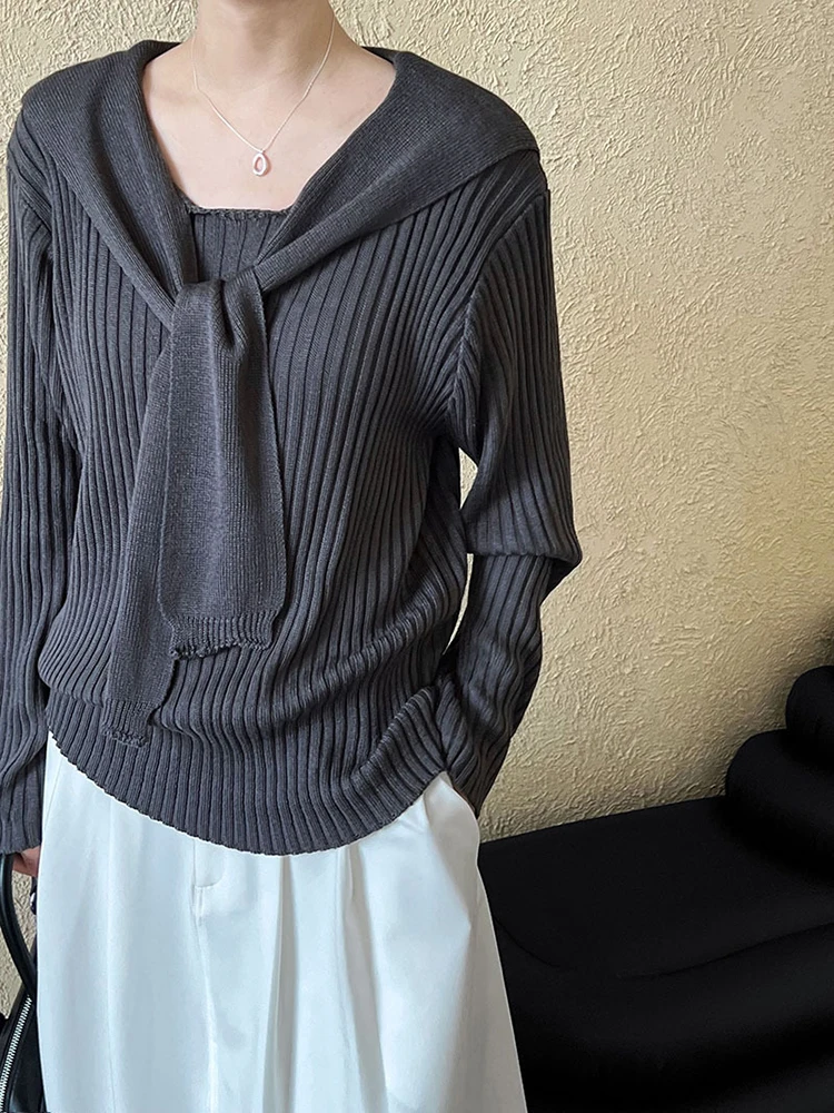 [EAM] Gray Big Size Elegant Knitting Sweater Round Neck Long Sleeve Women Pullovers New Fashion Tide Spring Autumn 2024 1DH6777