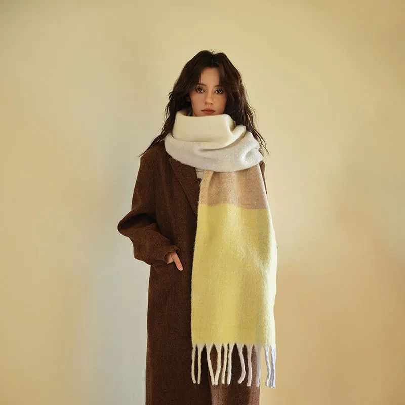 2024 Autumn/Winter New Collection35% Wool Blended Women's Tassel Color blocked Scarf Wool Lock Warm and Skin friendlyOuter shawl