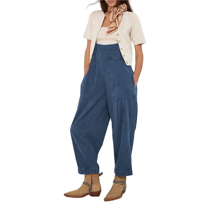 NUOVA tuta da donna con pagliaccetto regolabile in denim senza maniche laterale casual allentata con tasche