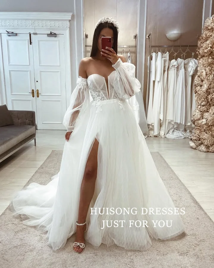 

HUISONG Customized Vestidos De Novia Boho Lace Appliques Wedding Dresses Sweetheart Puff Sleeves A-Line Side Split Bridal Gown
