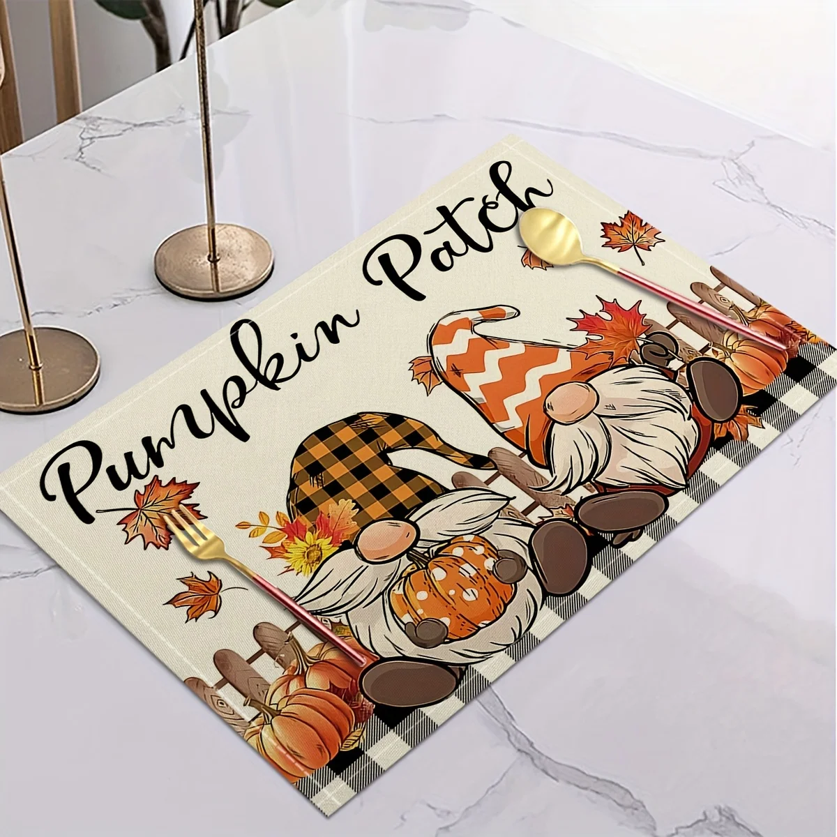1pc/ Linen Placemats Autumn Thanksgiving Pumpkin Gnome English Letter Print Placemats Table Insulation Mats Cup Mats Kitche