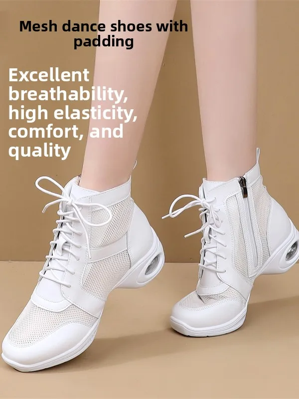 Women's Dancing Shoes Soft Bottom Leather mid Heel Black Mesh Breathable Square Dance Shoes Jazz Sailor Dance Footwear