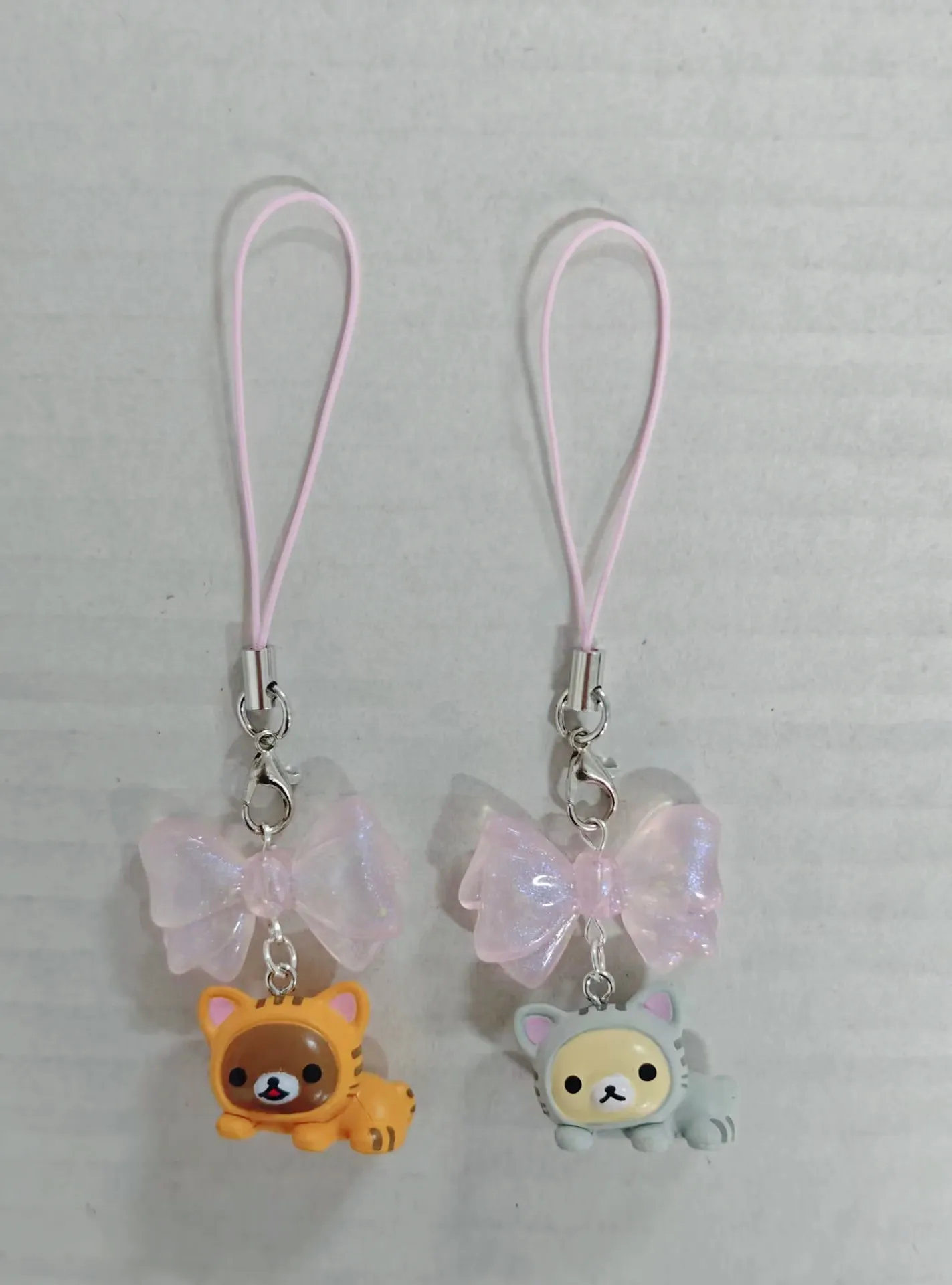 Cute Rilakkuma Korilakkuma Cat With Pink Bow PVC Bead Strap Mascot Keychain Keyring Keyholder Bag Phone Chain Toy