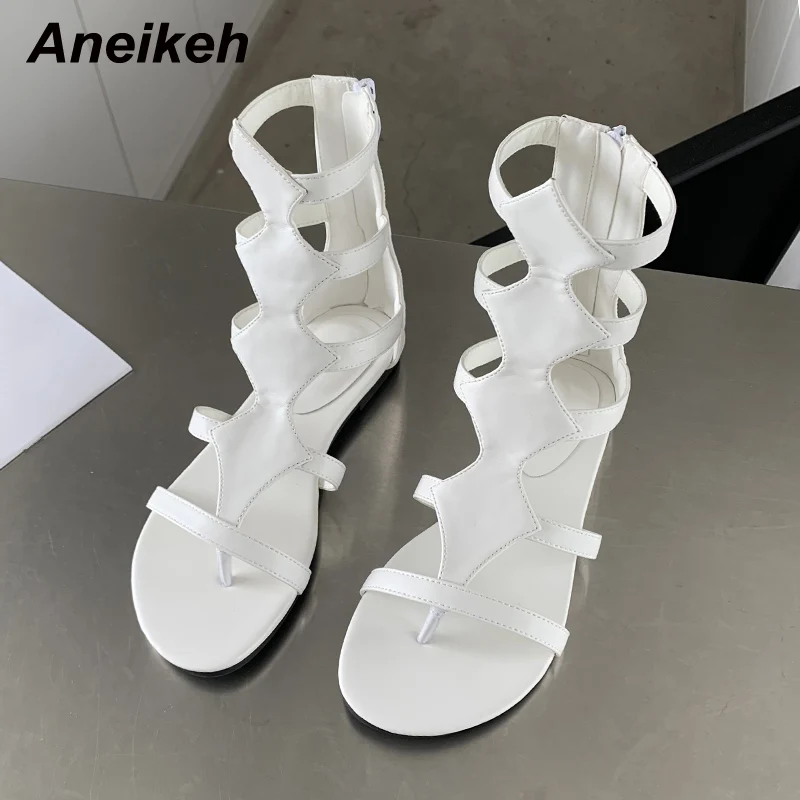 Aneikeh Women\'s Shoes 2024 New Rome Fashion Thong Solid Flat with Sewing Leisure Sandal Striped Ankle-Wrap Hollow out Classics