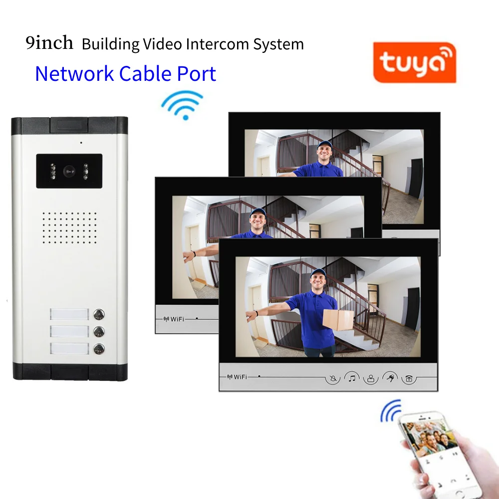 Newwork Cable Port Apartment WIFI Video Doorbell For 2-6 Units 9 inchTuya Building Video Intercom Doorphone Access Kits