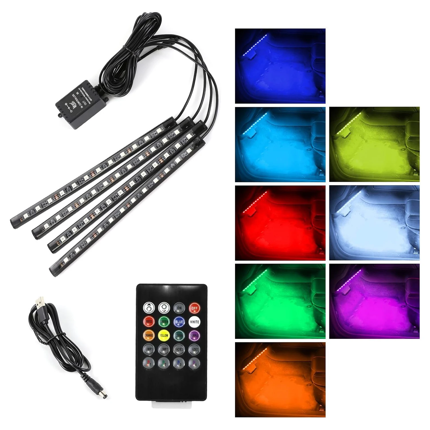 

Рождественские светодиодные ленты для автомобиля, 4 шт. 36 светодиодных внутренних фонарей, многоцветная музыкальная автомобильная лента, комплект освещения под приборной панелью со звуком