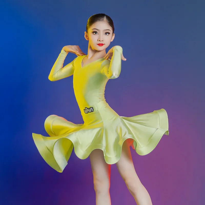 

Glossy Fabric Long Sleeves Dance Dress Kids Cha Rumba Dance Practice Training Wear Girls Latin Dance Competition Clothing