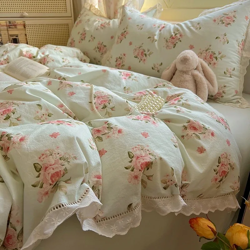Ensembles de housse de couette en coton lavé, ensemble de literie simple/Queen/roi imprimé de fleurs, Style princesse e…