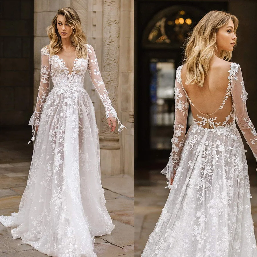 Abito da sera a maniche lunghe in pizzo Sexy da sposa 2024