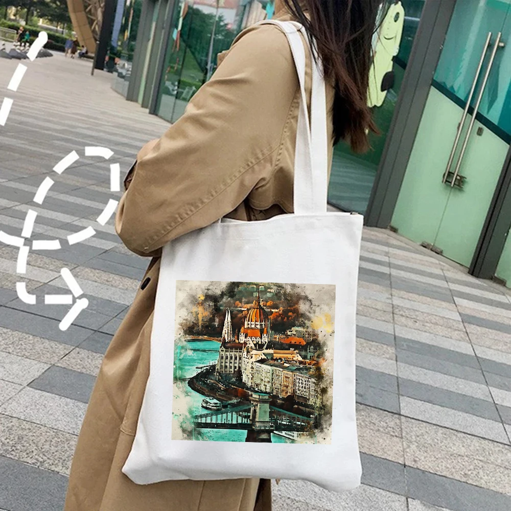 London Madrid Cairo Budapest Venice Sydney Tokyo Watercolor Women Girl Canvas Shoulder Handbags Totes Eco Shopper Shopping Bags