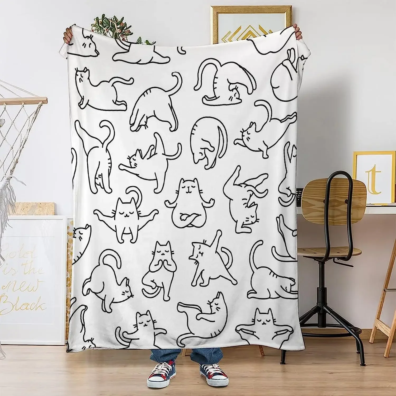 Cute Yoga Cat Black and White Print Super Soft Flannel Blanket, Girls Flannel Warm Cozy Cute Fleece Blanket, Throws for