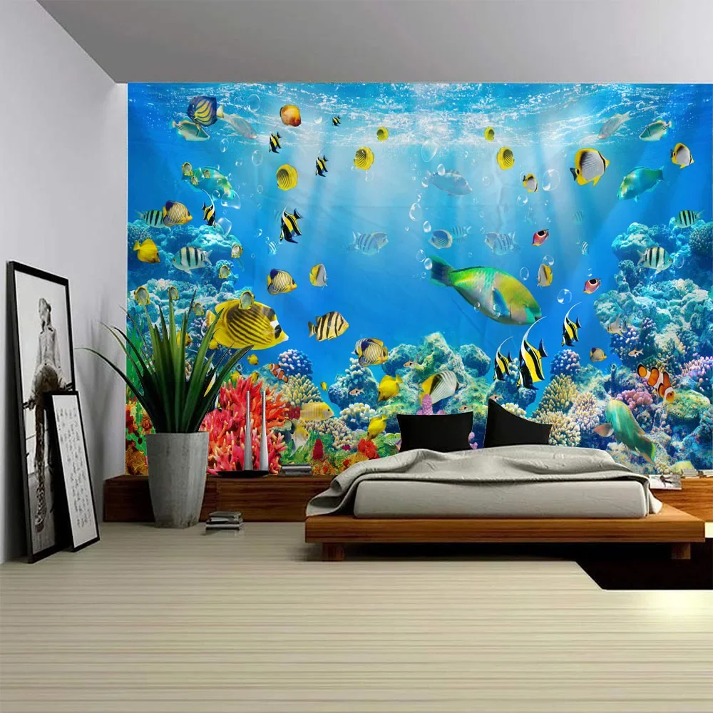 Underwater World Tapestry Wall Hanging Dolphin Shark Seaweed Home Art Decoration Background Bedroom Wall Cartoon Decoration