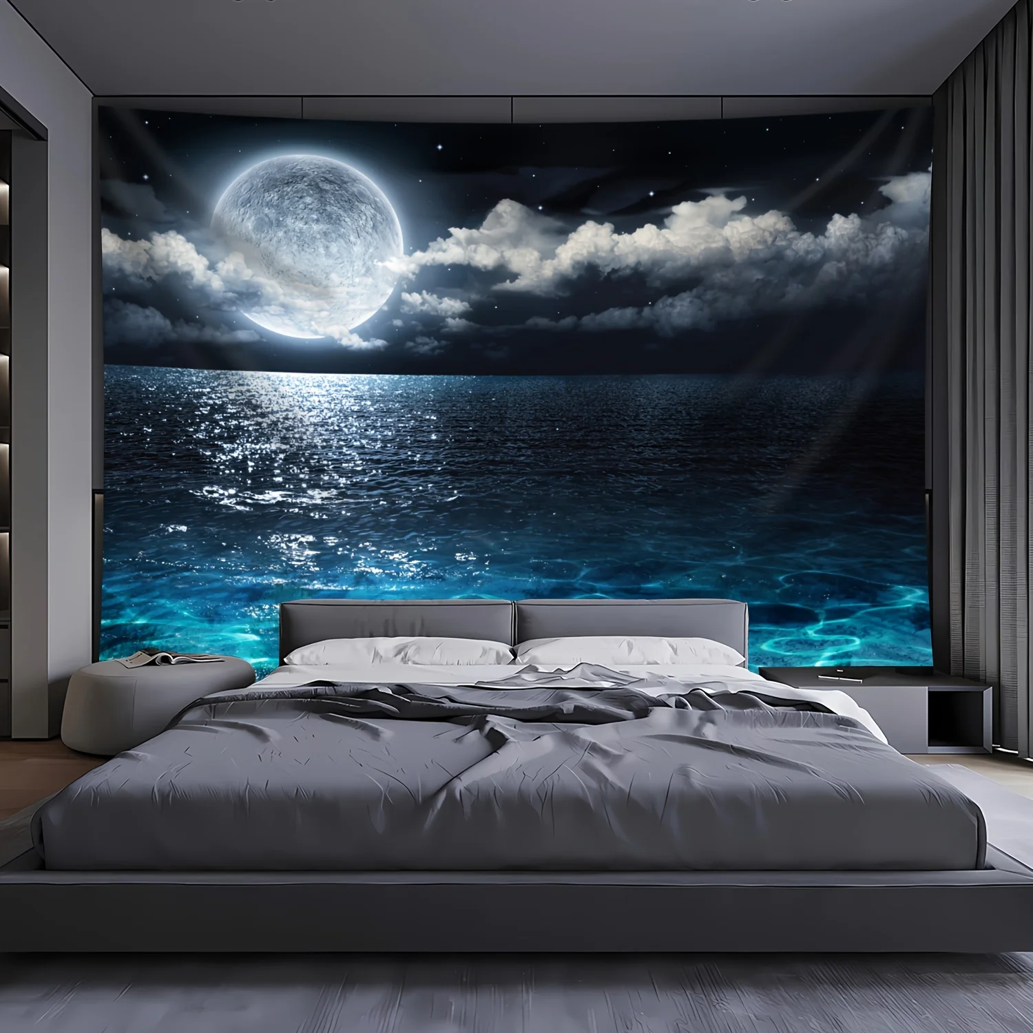 Dramatic Full Moon Over Ocean Tapestry Wall Hanging Cosmic Sea Mural Aesthetic Bedroom Decor Art Room Background