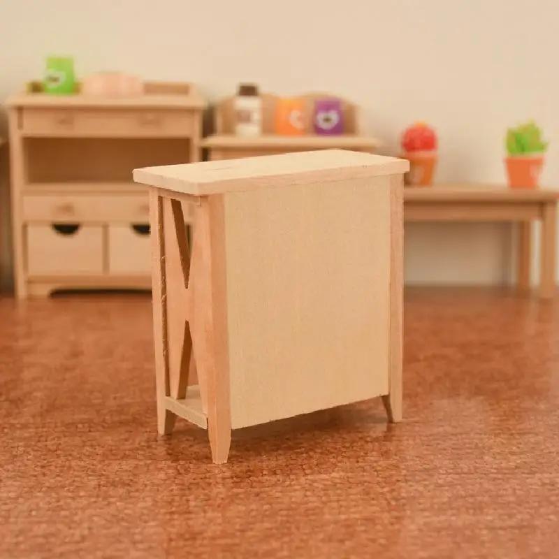 1:12 Miniature Wooden Bedside Table Model Mini Doll House Cabinet Furniture Accessories Simulation Dollhouse Decor DIY Toys